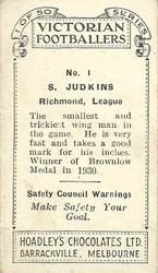 1934 Hoadley's Victorian Footballers #1 Stan Judkins Back